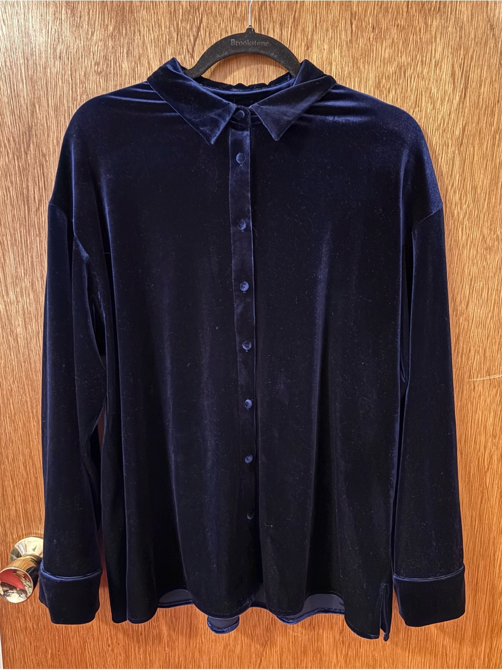 Navy Velvet Button-Up Blouse